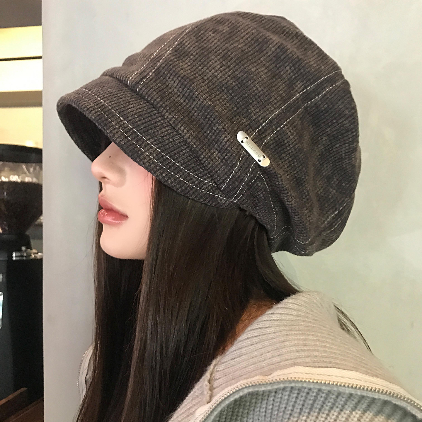 美式复古针织金属小标堆堆帽女