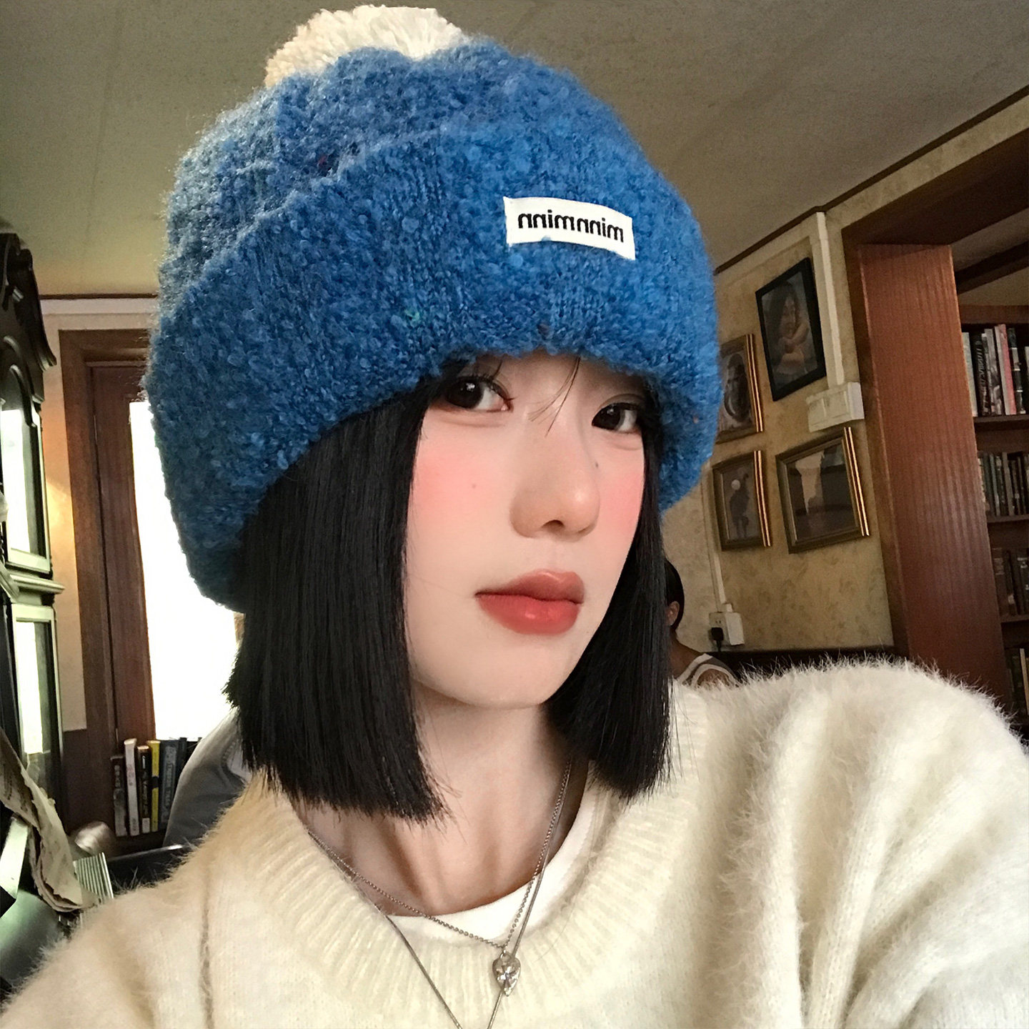 大头围蓝色毛球针织帽女秋冬保暖