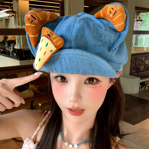 可爱猫耳牛角面包牛仔贝雷帽子女
