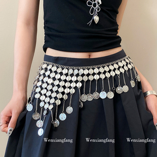 民族风苗疆流苏银色金属腰链女波西米亚复古设计感y2k装 饰腰封潮