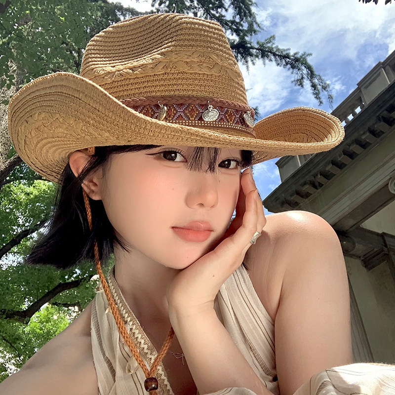 民族风草编西部牛仔帽女夏户外防紫外线海边度假遮阳防晒登山帽子
