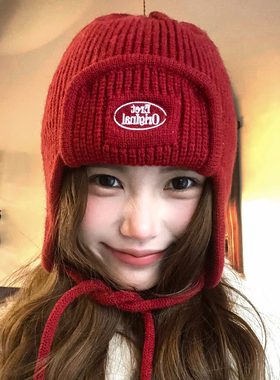 新年红色针织护耳飞行帽女冬季2025新款加厚保暖骑行滑雪雷锋帽子
