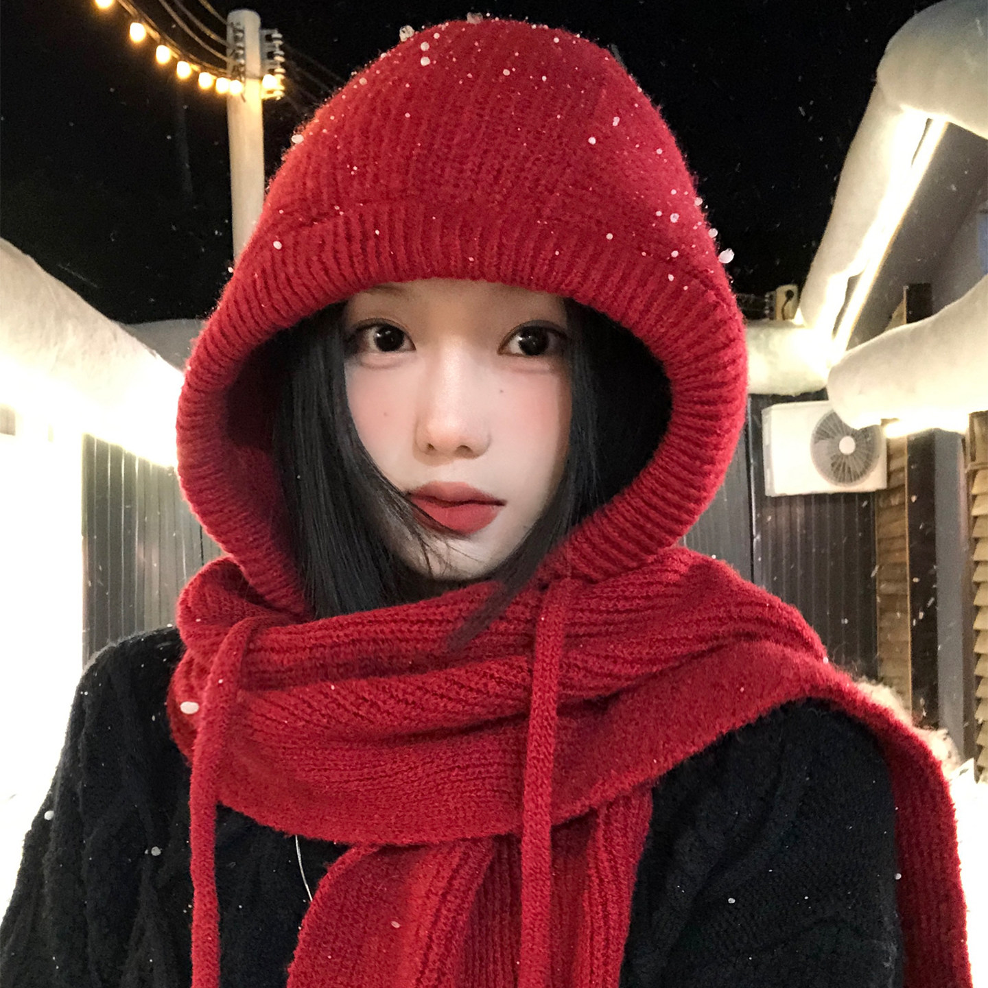 2026新款红色巴拉克拉法帽女冬季针织毛线包头帽保暖帽子围巾一体