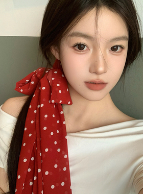 韩系波点红色长条丝巾女2026年春新款高级感气质百搭系脖飘带颈饰