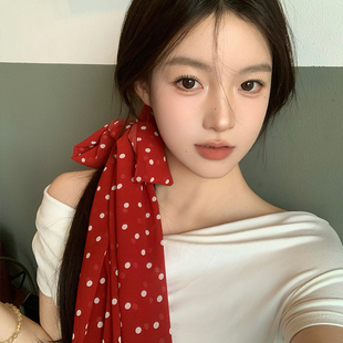 韩系波点红色长条丝巾女2025年春新款高级感气质百搭系脖飘带颈饰