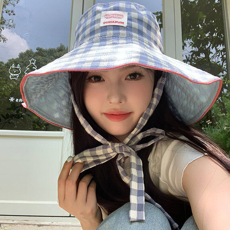 双面格纹渔夫帽子女夏季薄款遮阳图片