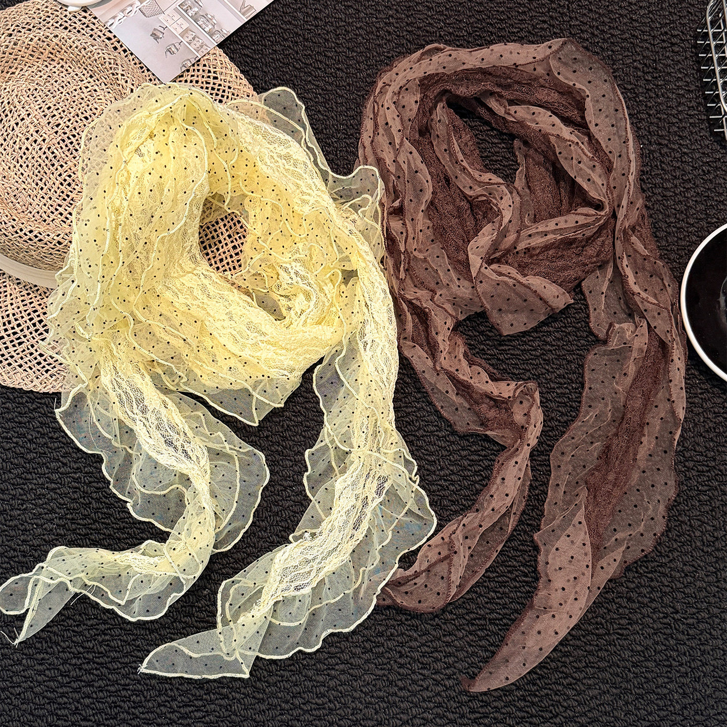 蕾丝网纱波点丝巾女春夏薄款长条系脖高级感百搭飘带装饰围巾配饰