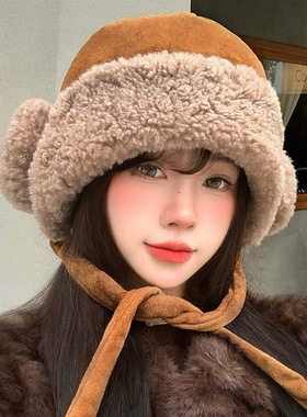 美拉德棕色麂皮绒系带护耳帽女冬