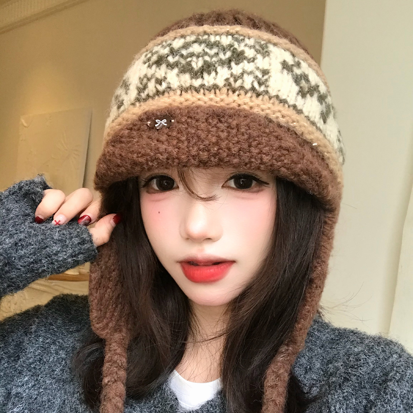 复古费尔岛提花咖色针织毛线帽女冬季加厚保暖骑行护耳帽雷锋帽子,服饰配件/皮带/帽子/围巾,帽子,淘宝优惠券,粉丝福利购,淘宝优惠卷