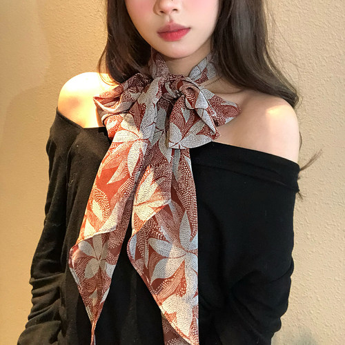 复古咖色枫叶长条丝巾女夏季系脖