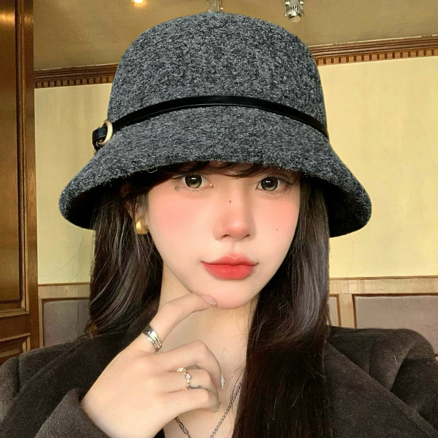 高级感灰色毛呢渔夫帽子女秋冬季复古优雅显脸小圆顶礼帽宽檐盆帽