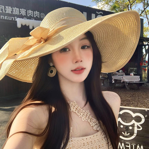 法式蝴蝶结大帽檐草帽夏海边度假