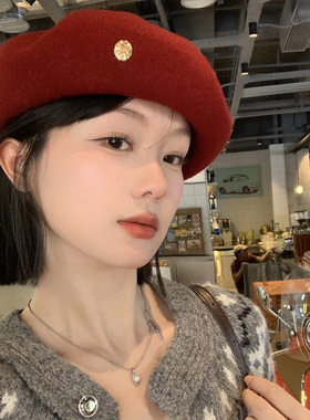 日系复古毛呢红色云朵贝雷帽女
