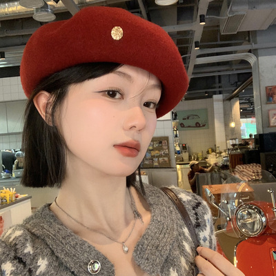 日系复古毛呢红色云朵贝雷帽女