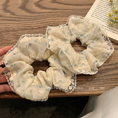 法式蓝色花朵蕾丝花边大肠发圈女