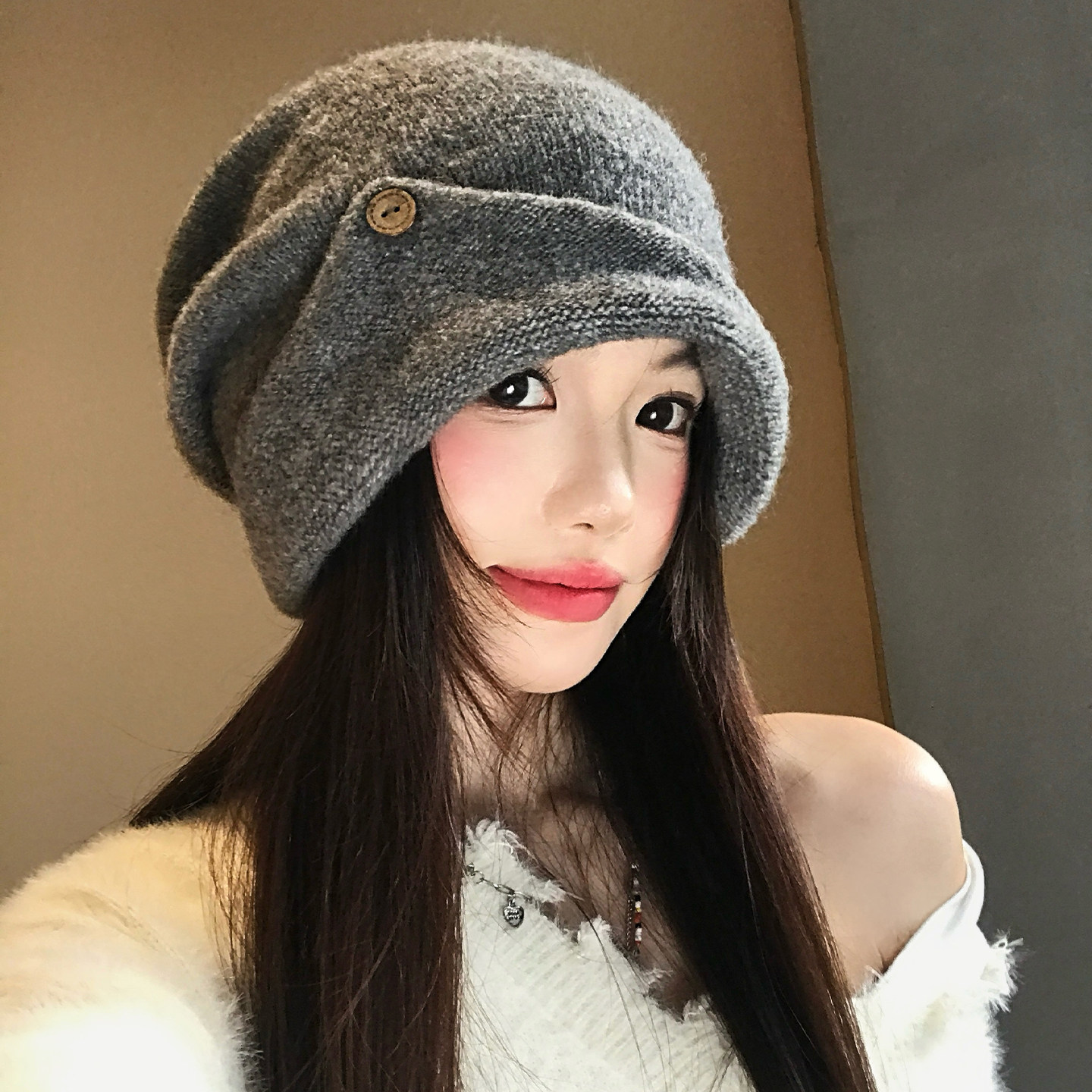 灰色翻边木扣堆堆帽女秋冬季休闲慵懒风针织帽子保暖显脸小毛线帽