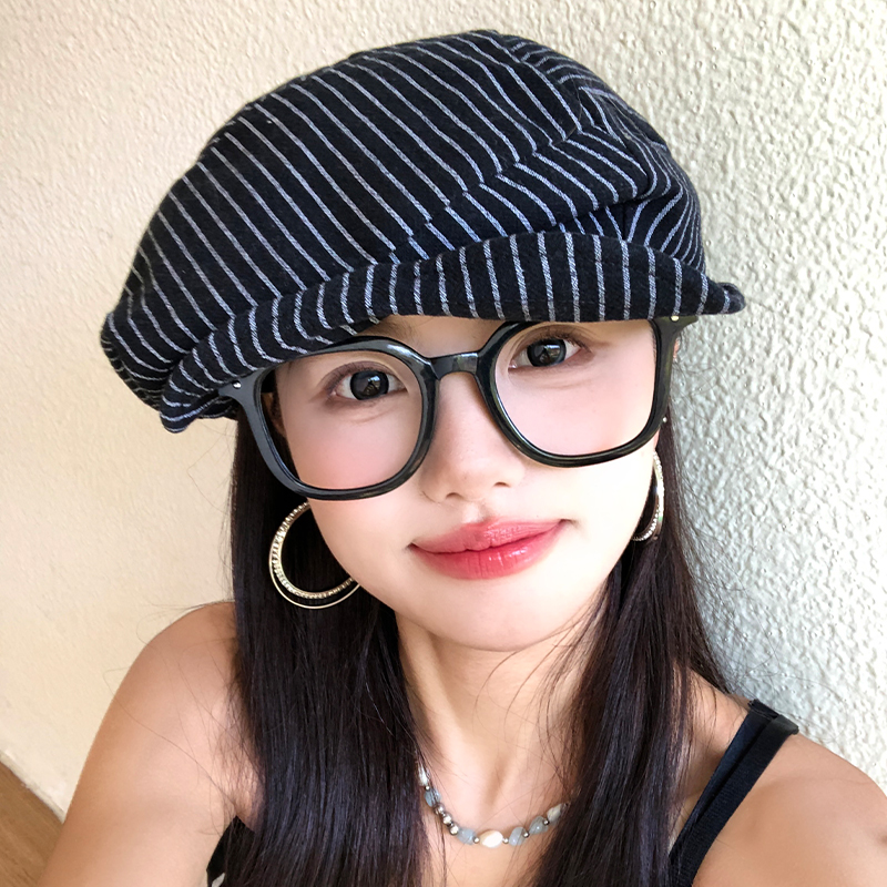 复古条纹褶皱贝雷帽子女春夏季