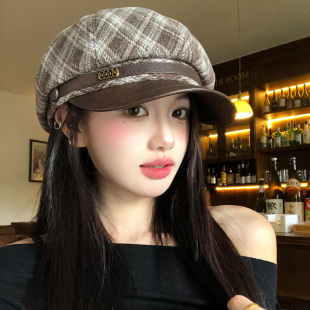 美拉德咖色格子八角贝雷帽女秋冬季大头围显脸小文艺报童画家帽子