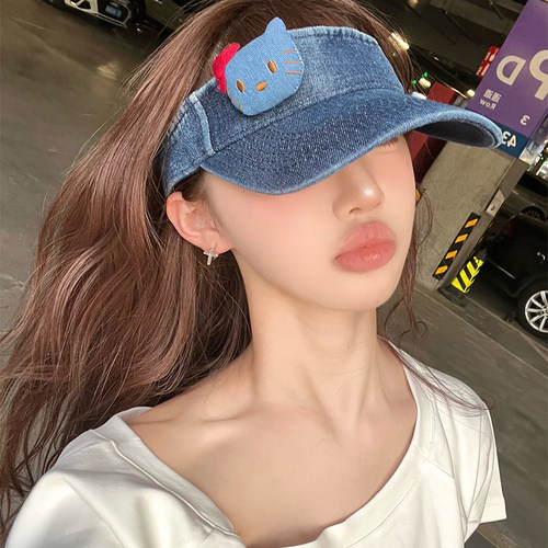 可爱卡通猫拼接牛仔空顶帽女夏季