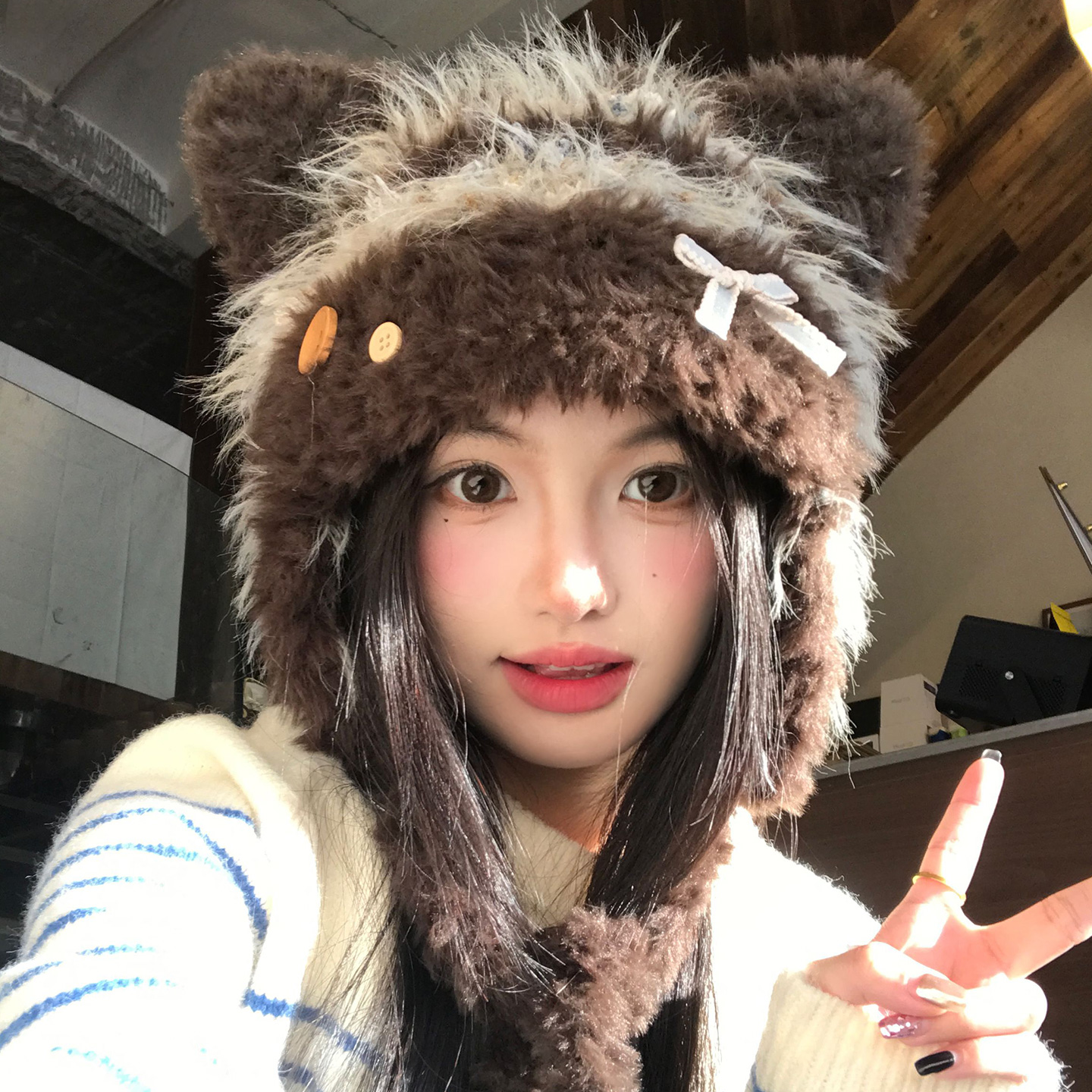 甜美可爱猫耳朵蝴蝶结毛绒帽子女2025新款秋冬保暖显脸小护耳帽潮