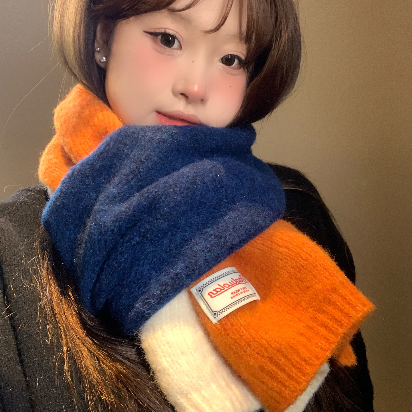 韩国东大门南瓜橘拼色含羊毛针织围巾女秋冬软糯保暖加厚情侣围脖