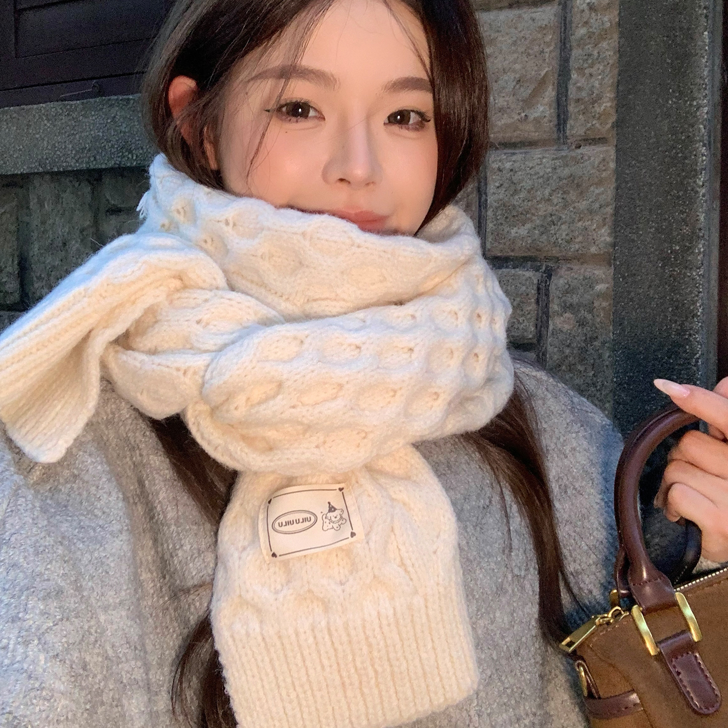 韩系纯色麻花针织毛线围巾女冬季氛围感加厚保暖软糯学生护颈围脖