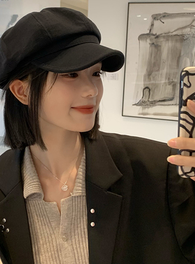 黑色鸭舌贝雷帽女2026秋冬新款报童帽显脸小八角帽大头围画家帽子