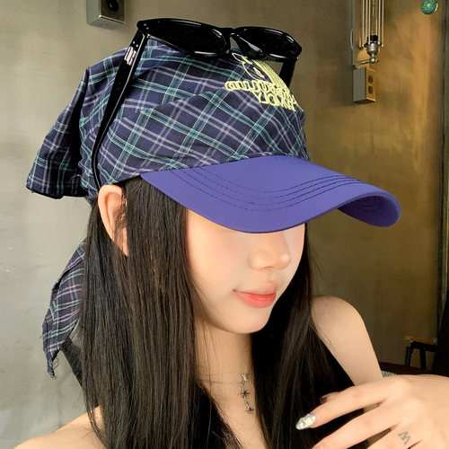 美式复古格子鸭舌帽女小众绑带