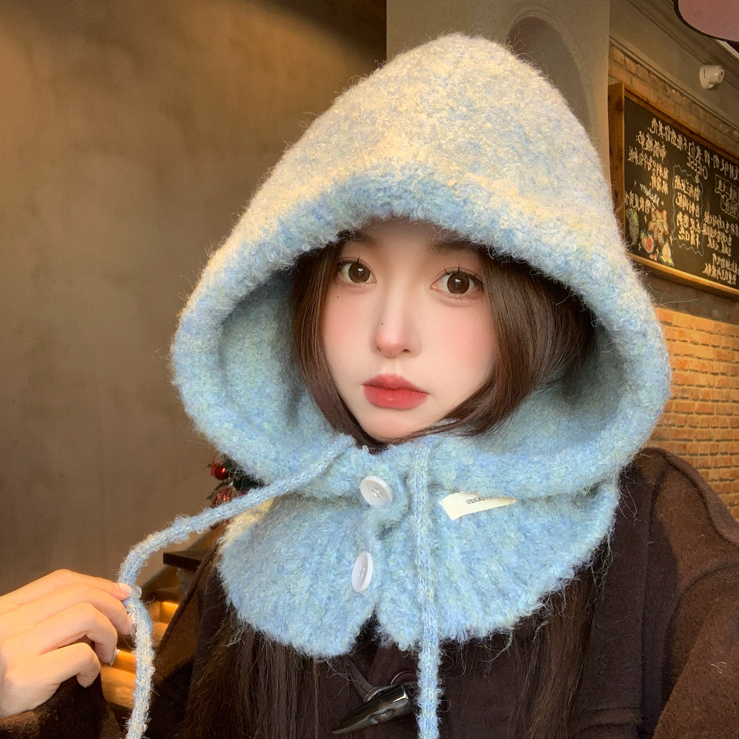 蓝色巴拉克拉法帽女秋冬护耳针织