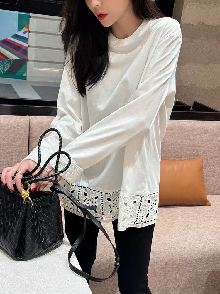 欧洲站站2025新款镂空钩花长袖白色T恤女宽松叠穿休闲百搭打底衫