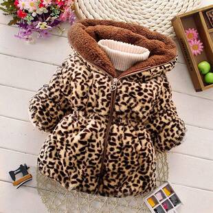 女宝宝加绒加厚洋气冬褂子耐脏毛毛衣棉袄公主女童豹纹外套大衣