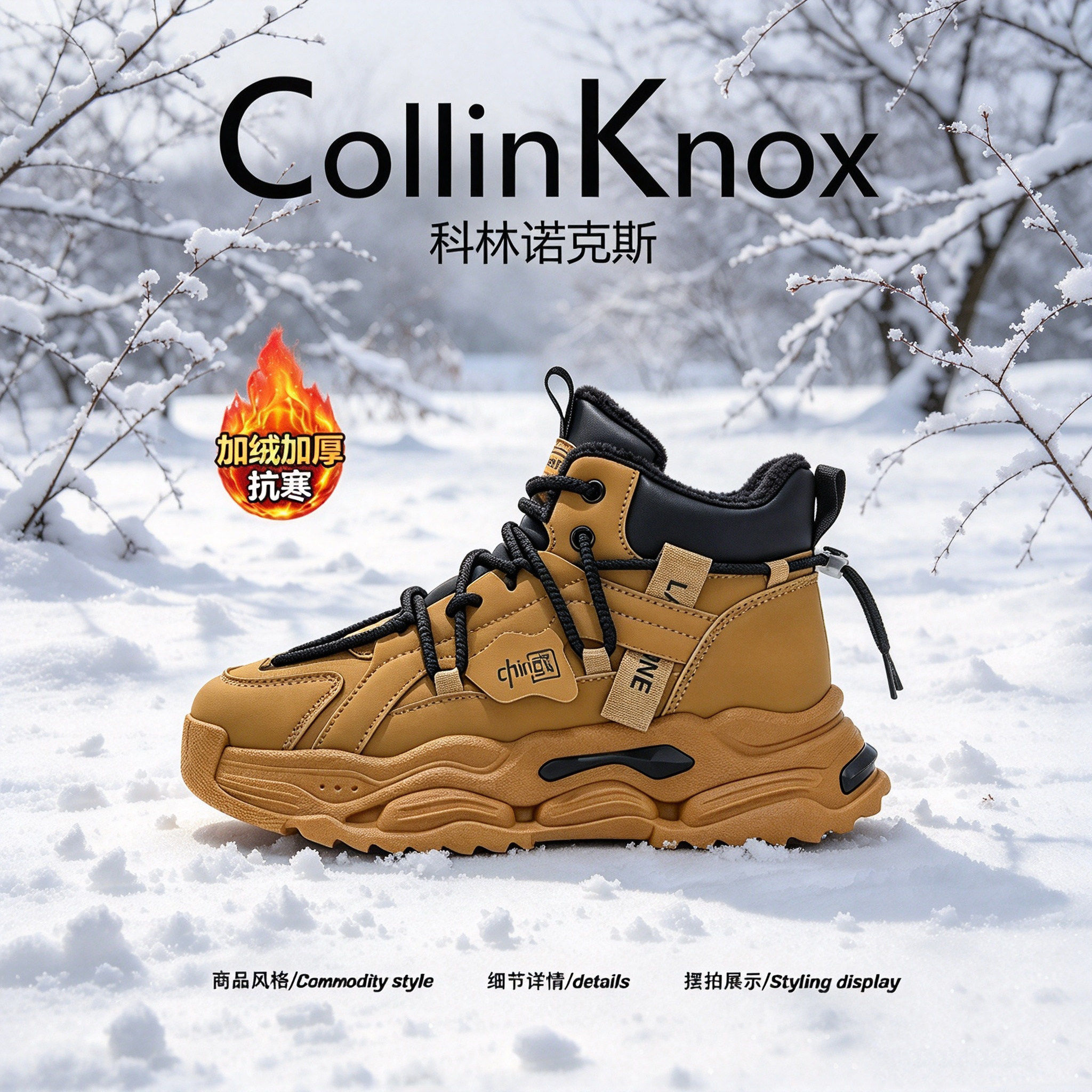 【冬日通勤】CollinKnox2026年冬季新款男士雪地靴加棉户外运动鞋