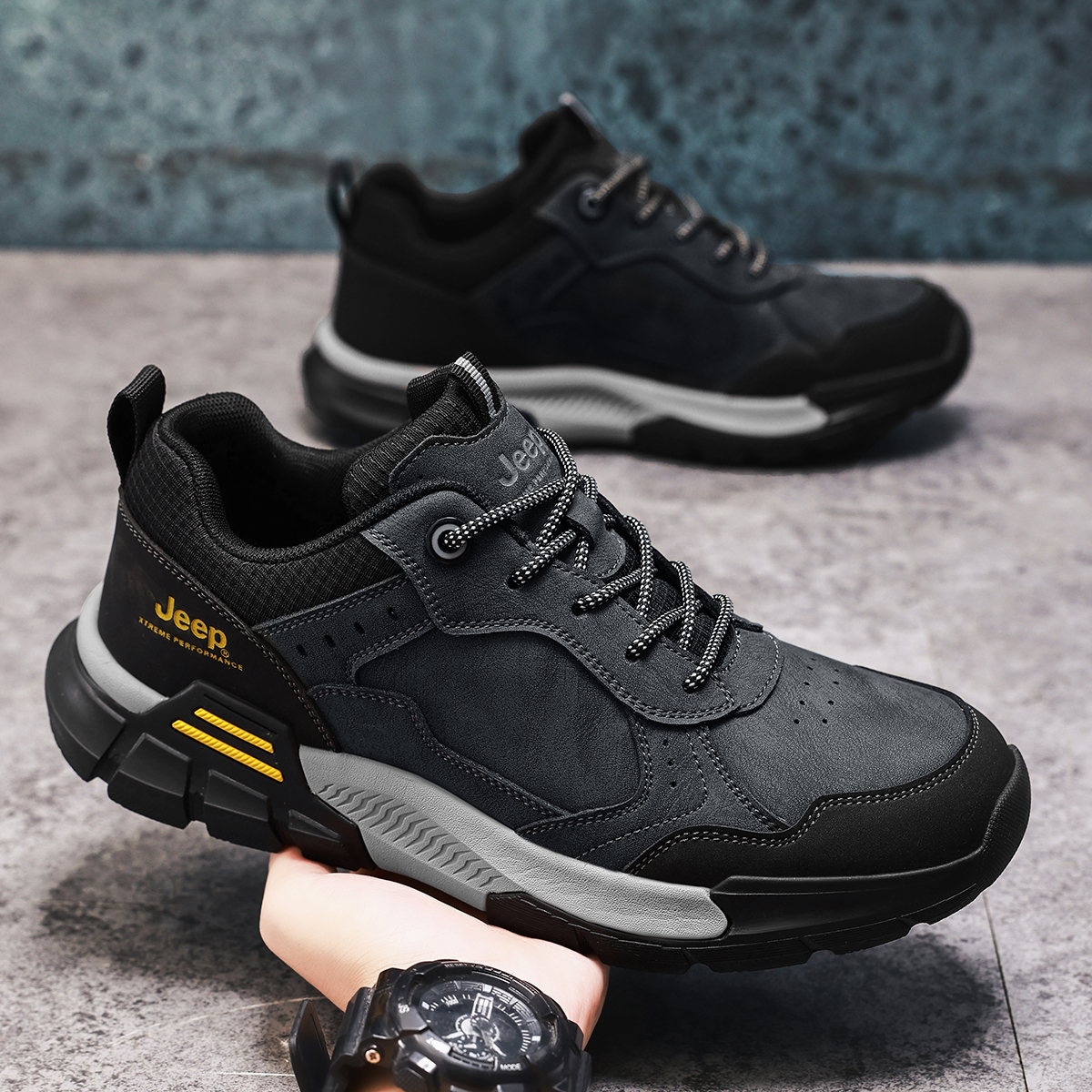 吉普秋冬新款真皮软底登山鞋