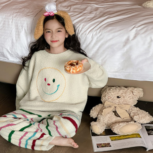 女童2025秋冬季 儿童圆领甜美可爱软糯睡衣 软绵绵半边绒家居服套装