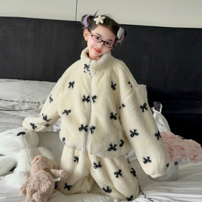 2025冬季新款加厚珊瑚绒套装女童立领保暖睡衣可外穿家居服套装