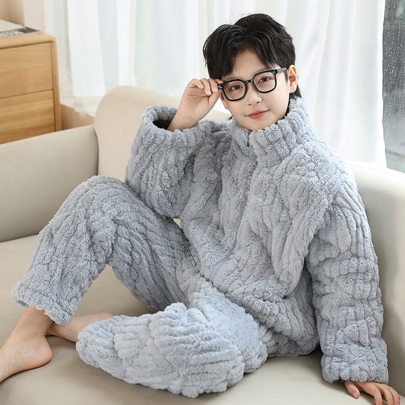 男童睡衣冬季三层夹棉加绒加厚款法兰绒珊瑚绒儿童家居服套装大童