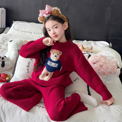女孩睡衣秋冬款2025新款半边绒家居服女童加厚保暖可外穿新年睡衣