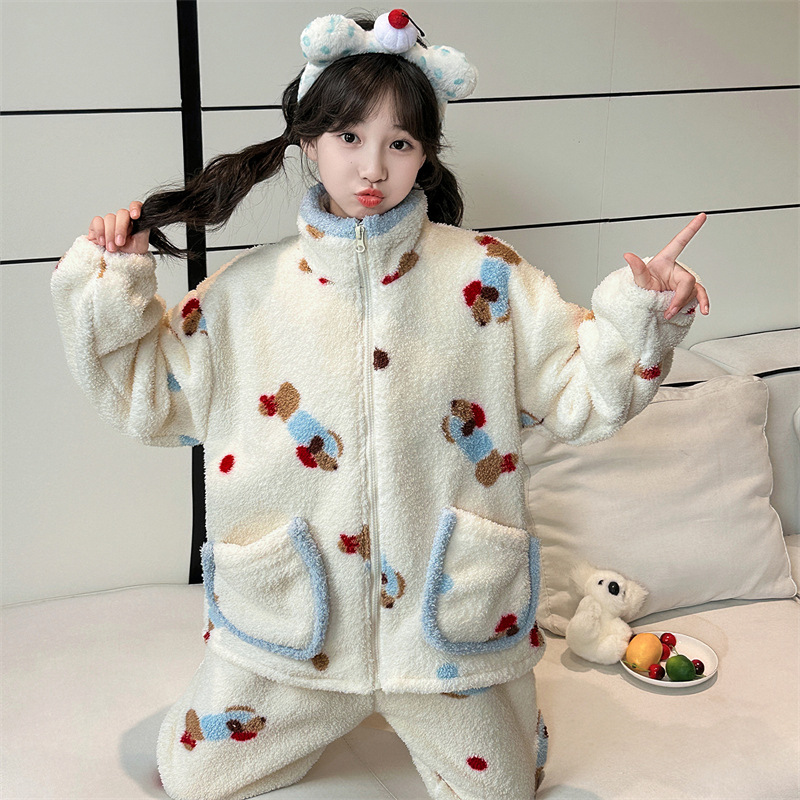 女童珊瑚绒睡衣套装2025新款儿童卡通撞色家居服冬季法兰绒加厚暖