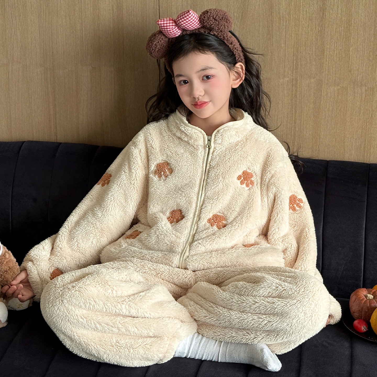 ins珊瑚绒睡衣女童冬季加厚保暖网红拉链外穿家居服套装大童睡衣