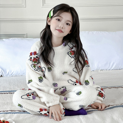 女童睡衣秋冬2025新款儿童加厚珊瑚绒套装女孩可外穿法兰绒家居服
