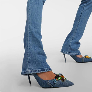 欧美外贸早春季新款跨境牛仔蓝色细高跟单鞋尖头大码水钻宝石女鞋