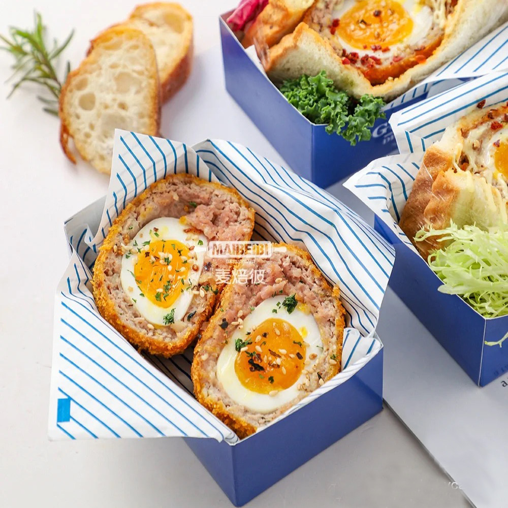 苏格兰炸蛋三明治盒蓝色厚蛋烧轻食烘焙包装船型盒滑蛋爆蛋吐司盒