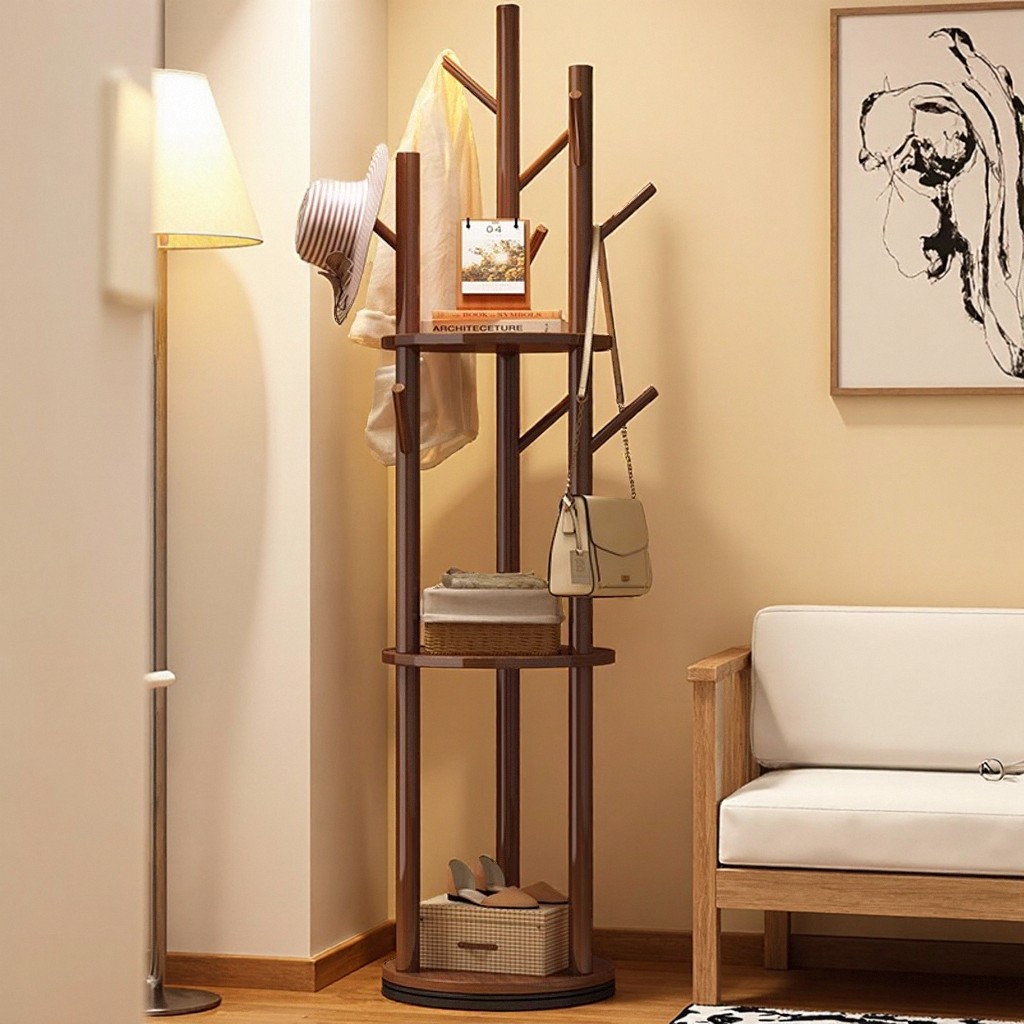 实木旋转衣帽架落地置物架衣服架