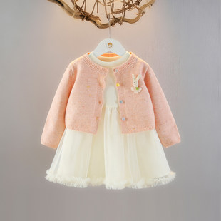 女童长袖纱裙秋装针织开衫毛线外套童两件套2026秋季女宝宝裙套装