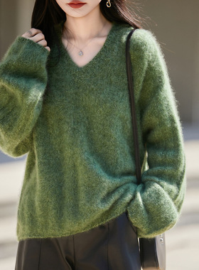 薇珞蘭糯亲肤马海毛复古外搭叠欧货厂可可秋冬阔版毛衣绿色德玛纳