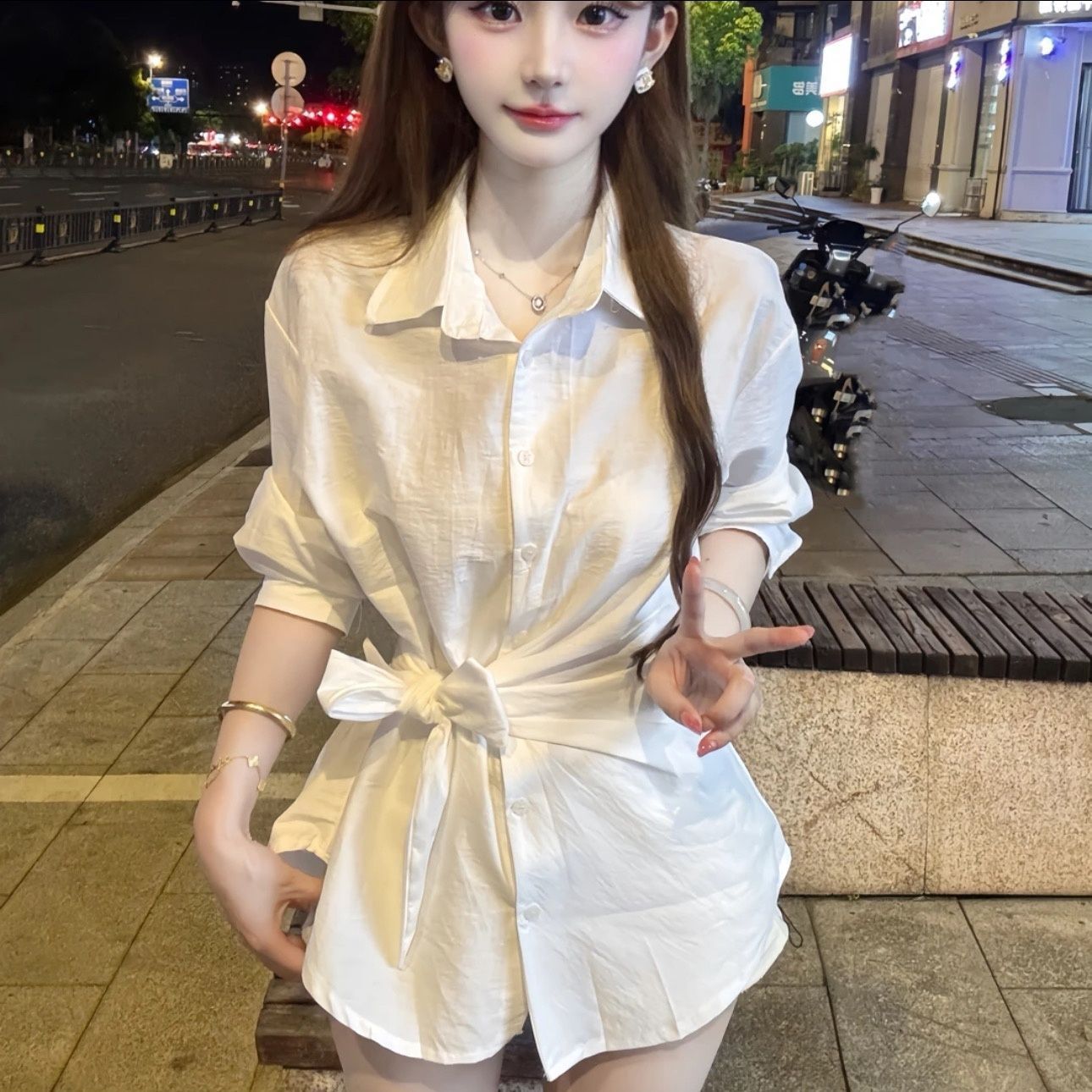 2025秋季新款法式不规则衬衫女小个子收腰翻领长袖绑带设计感上衣