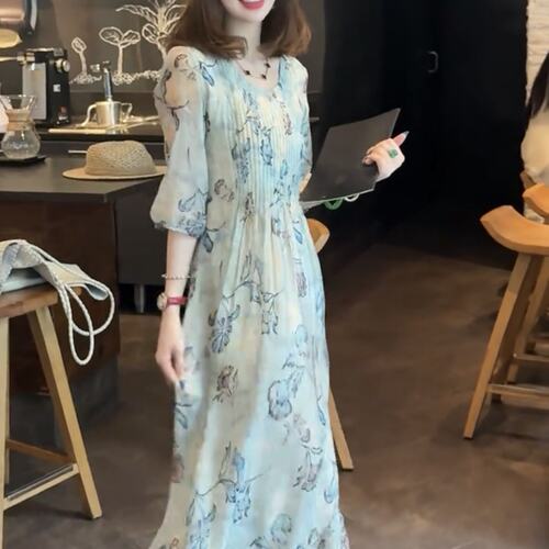 薇珞蘭VELORA法式水墨印花连衣裙女夏季宽松显瘦减龄中长度假风