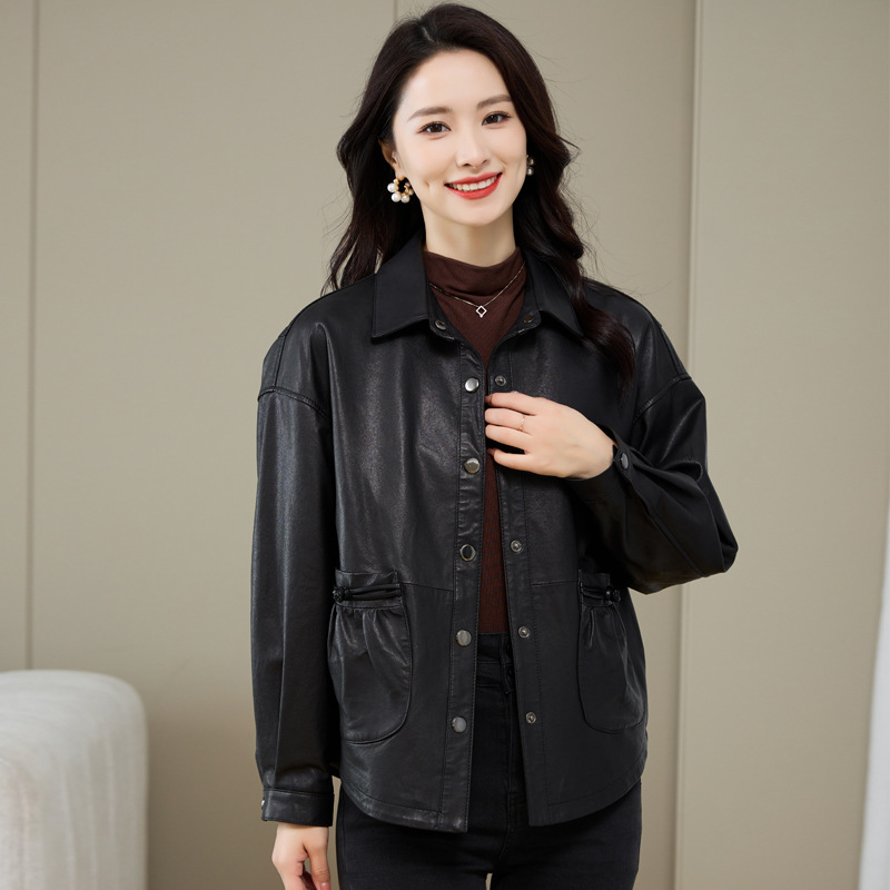 薇珞蘭VELORA中年妈妈真皮皮衣女短款秋冬新款绵羊皮休闲夹克外套