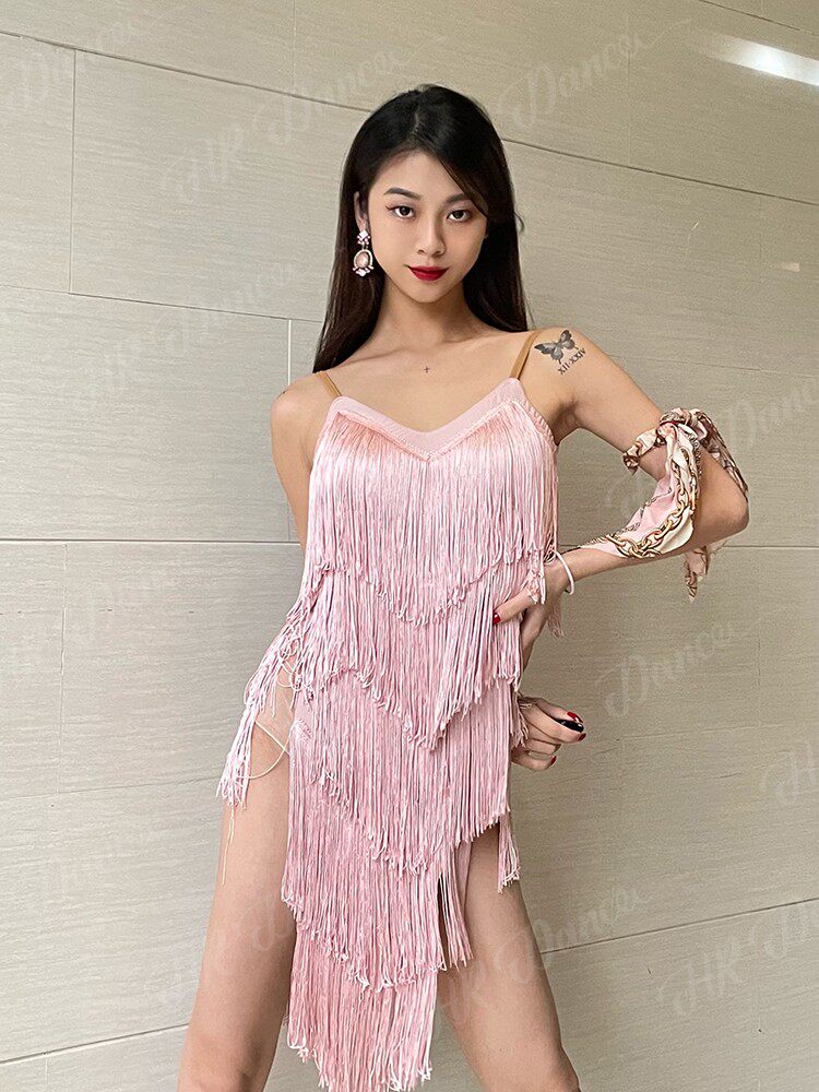 瀚仁新款拉丁舞服性感流苏连衣裙粉色舞蹈服专业练功服演出比赛服