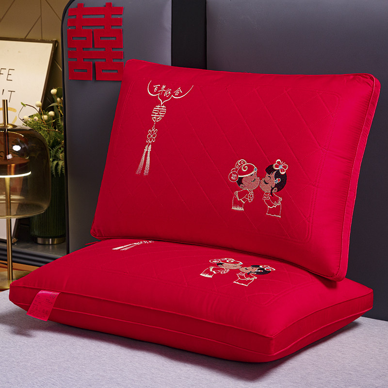 全棉大红色结婚枕头一对装陪嫁枕芯刺绣婚庆压床刺绣高档婚房喜庆